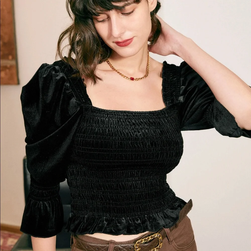 Smocked Ruffle Velvet Blouse - Picture 1 of 2